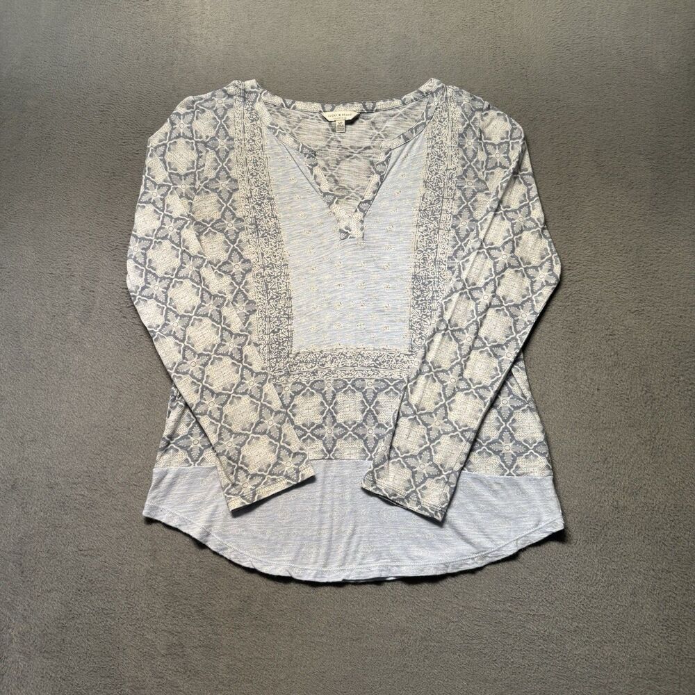 Lucky Brand Womens Small Boho Geometric Print Top Blue White V Neck Long Sleeve
